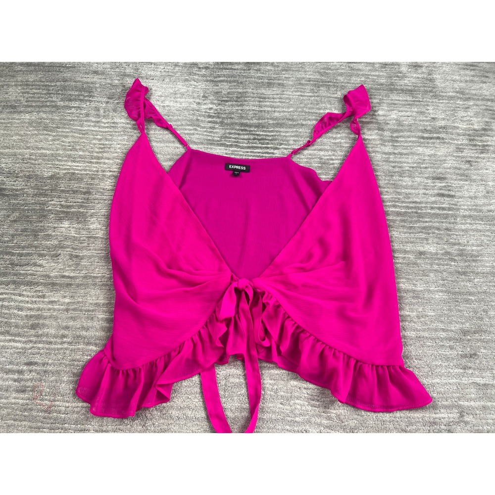 Express Camisole Women M Pink Tie Front Ruffle Hem Crinkle Adjustable Straps Top
